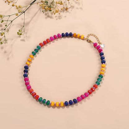 Joya Love Colorful Gemstone Beaded Necklaces For Women Trendy Rainbow Natural Stone Boho Handmade Stainless Steel Waterproof Strand Necklaces Jewelry For Women Gift - color: Red jump colour