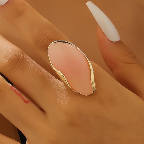 Colorful Chunky Earrings Ring for Women, Resin Boho Large Oval Acrylic Finger Ring Statement Stainless Steel Adjustable Rings Beach Summer Jewelry Gift - color: Pink Set