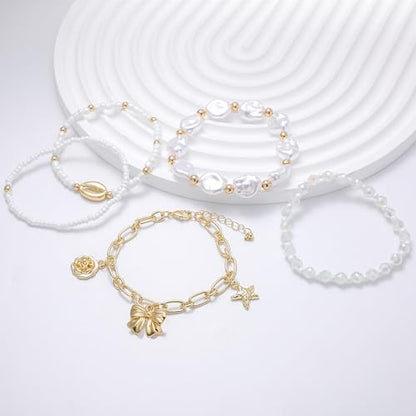Summer Surfer Heishi Bracelet Set for Women Stackable Gold Plated Clay Ploymer Bead Stretch Pink Beach Layering Bracelets Jewelry - color: A-Q 5PCS