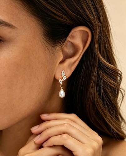 Pearl Earrings for Women Trendy, 14k Gold Plated Freshwater CZ Leaf Pearl Dangle Drop Gold Earrings Lightweight Hypoallergenic Stud Earring Bridesmaid Wedding Gold Jewelry for Women Gifts - style: leaf pearl dangle earrings