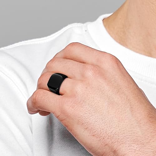 Men's Stainless Steel Square Biker Signet Ring, Black Silver Gold Styles | plain flat top, polished and brushed finish options, chunky profile, pinky or thumb styling, gift-ready for dad or him - color: Black