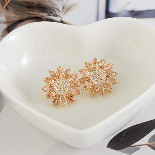Crystal Flower Burst Stud Earirings - Big Sterling Silver CZ Cubic Zirconia Rhinestone Daisy Sunflower Floral Cluster Studs Bridal Wedding Party Prom Costume Jewelry for Bride Bridesmaids Women Birthstone Birthday Gift - color: Champagne