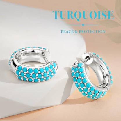 Gokeey Cubic Zirconia Hoop Earrings for Women, Sterling Silver Plated Small Huggie Hoops CZ Pave Chunky Thick Earrings Non Tarnish Hypoallergenic Lightweight Jewelry April Birthstone Gifts - color: Turquoise-Silver