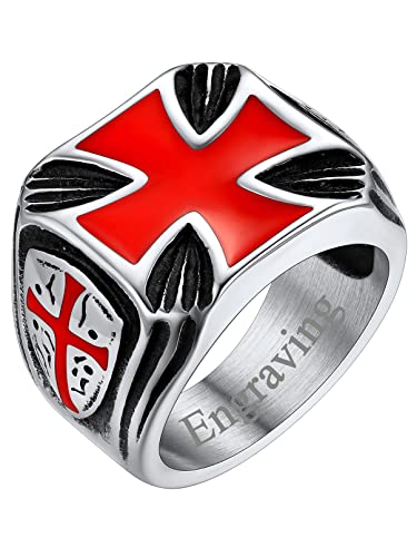 FaithHeart Mens Stainless Steel Crusader Jerusalem Cross Ring with 18K Gold Plated Two Tone Ring Size 7,8,9,10,11,12 - color: 07. Shield Cross-Silver(Custom)