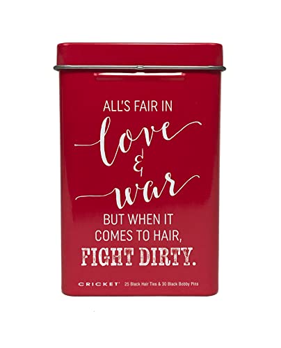 Cricket Hair Clip - Love and War Hair Tin with 25 Hair Ties & 30 Bobby Pins in Reusable Metal Tin for Home, On the Go, Salon, Barbershops, Red, 55 PC | 25 Black No Metal Hair Ties, 30 Bobby Pins, Reusable Metal Tin, Retro Style, Travel Friendly - color: R