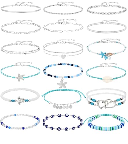 21PCS Gold Ankle Bracelets for Women, Boho Shell Bead Cuban Link Chain Waterproof Gold Anklets Set, Adjustable Layered Anklets for Women Beach Jewelry Gift - color: Silver
