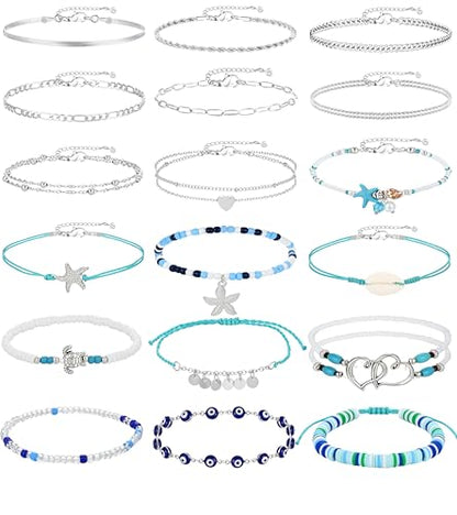 21PCS Gold Ankle Bracelets for Women, Boho Shell Bead Cuban Link Chain Waterproof Gold Anklets Set, Adjustable Layered Anklets for Women Beach Jewelry Gift - color: Silver