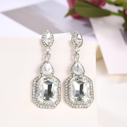 Women's Wedding Bridal Crystal Emerald Cut Infinity Figure 8 Chandelier Clip-On Dangle Earrings - color: Clear Silver-Tone