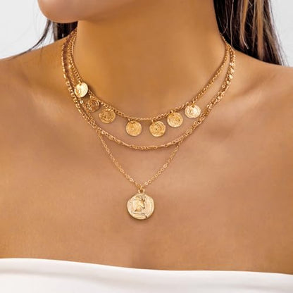 Gold Pirate Necklace for Women Layered Stack Charm Necklace Coin Pendant Necklaces Chunky Pirate Necklaces Pirates Costume Jewelry Accessories - color: gold1