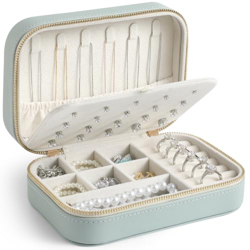 Genuine Leather Travel Jewelry Organizer Case for Women, Small Mini Portable Jewelry Box for Ring Earrings Necklace Bracelet Luxury Gift for Women Blue - color: Blue