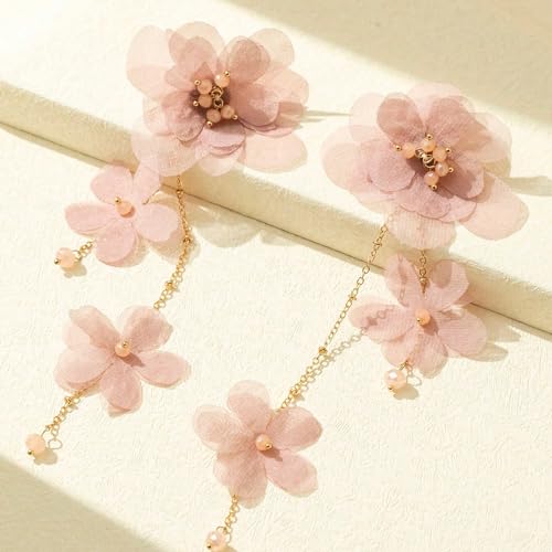 Flower Earrings for Women Long Fabric Flower Tassel Earrings Bohemian Handmade Floral Statement Earring Wedding Prom Jewelry Gifts - color: A4：pink