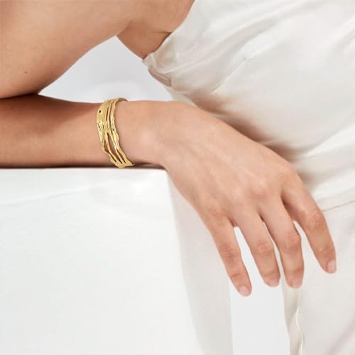 Chunky 14k Gold Cuff Bracelets for Women - Non Tarnish Teardrop Bangle Multi-layer Cross Wire Open Bracelets - color: Golden 16