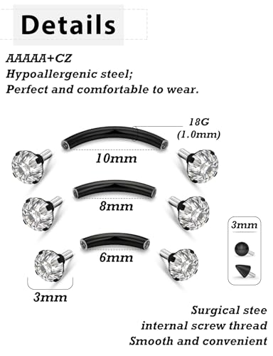 18G Internal Thread Eyebrow Piercing Jewelry Surgical Steel Curved Barbell Tiny Eyebrow Ring Vertical Labret Lip Jewelry Ear Rook Small Belly Button Ring for Women Men 6mm/8mm/10mm - color: 6/8/10mm Black 18G Internal thread horseshoe ring