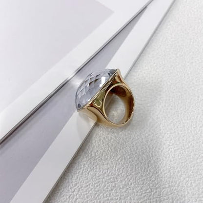 Chunky Square Crystal Glass Stainless Steel Statement Ring for Women Men Gold-Tone Plated Exaggerated Large Geometric Green Cubic Zirconia Finger Band Knuckle Rings Cocktail Prom Fashion Jewelry - color: Clear
