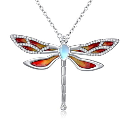Dragonfly Necklace 925 Sterling Silver Moonstone Necklace Rainbow Stone Dragonfly Jewelry Christmas Birthday Gifts for Women Mom Her - style: Light Orange
