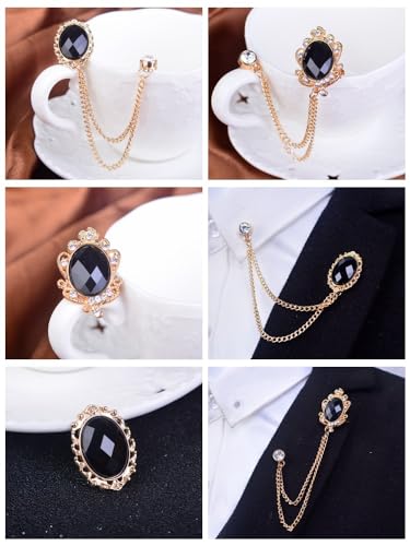 Men's Gem Tassel Brooch Lapel Pin Elegant Badge Hanging Chains Collar Brooches Pin for Career Suit Tuxedo of Shirts Tie Hat Scarf for Boyfriend Father Birthday - style: Gold with Black Crystal