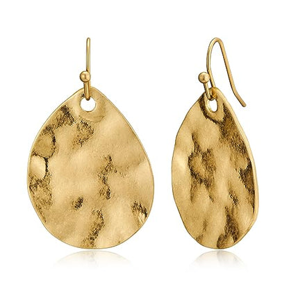 Antique Gold Hammered Disc Drop Earrings Boho Earrings with Two Tone Jewelry Gift - color: AMZ-EH21309A-L