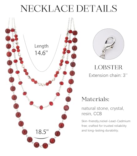 Noessla Layered Beaded Necklaces for Women - 3 Strand Boho Statement Choker Fashion Jewelry Gifts - color: Red