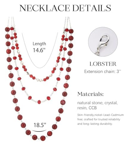 Noessla Layered Beaded Necklaces for Women - 3 Strand Boho Statement Choker Fashion Jewelry Gifts - color: Red