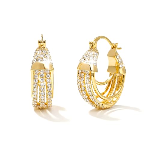 Sonateomber Gold Chunky Crystal Hoop Earrings for Women, Trendy Statement Sparkly CZ Rhinestone Thick Open Hoops Earings Hypoallergenic Wedding Prom Everyday Accessories Fashion Jewelry Gift - color: Gold Layered