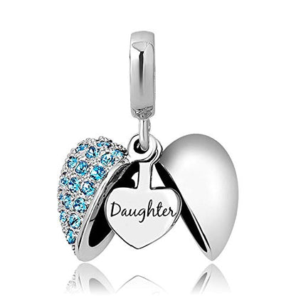 KunBead Daughter Heart I Love You Birthstone Dangle Charms Compatible with Pandora Bracelet Gift for Womens Birthday - color: Blue