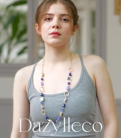 Long Gold Boho Necklaces for Women Beaded Statement Chain Long Necklace Gold Costume Jewelry Birthday Gifts for Her - color: 93-Dark Blue