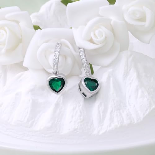 Heart Hoop Earrings with Dangle Sterling Silver Love Heart-Shaped Loop Earrings for Women Hypoallergenic Sparkle Birthstone Cubic Zirconia Hoop Earring with Dangling Charms Dainty Fashion Jewelry Gift - color: Green