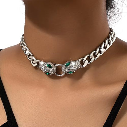 Punk Animal Snake Choker Necklace Hip Hop Rhinestone Snake head Cuban Link Chain Necklace Chunky Cuban Chain Crystal Jewelry for Women Gifts - color: Style A Silver