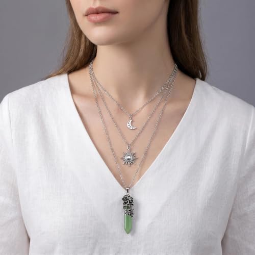 Gothic Emo Grunge Crescent Moon Layered Choker for Women | Boho Moon Sun Star Crystal Pendant Necklace, Punk Witchy Halloween Christmas Jewelry Accessories Gifts - color: Green