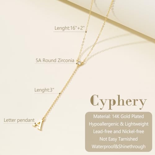 14K Gold Plated Initial Y Necklace for Women,CZ Letter Lariat Necklace | Dainty Long Necklace Y-Shaped Drop Letter Pendant Adjustable 16.5"+2" Long Chain Shiny CZ Trendy Jewelry Gift For Her - color: A