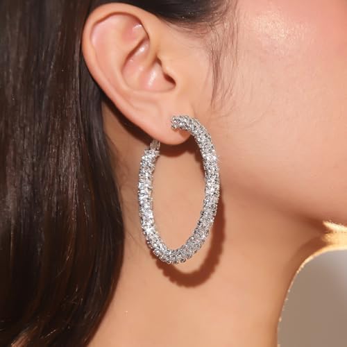 Large Gold Rhinestone Hoop Earrings Silver Sparkly Big Hoop Earrings for Women Black Earring Bling Chunky Silver Hoops 60mm Trendy Statement Earring for Women Bling Hoop for Prom Wedding Party Chunky Jewelry - style: Silver-Plated Hoops 60mm
