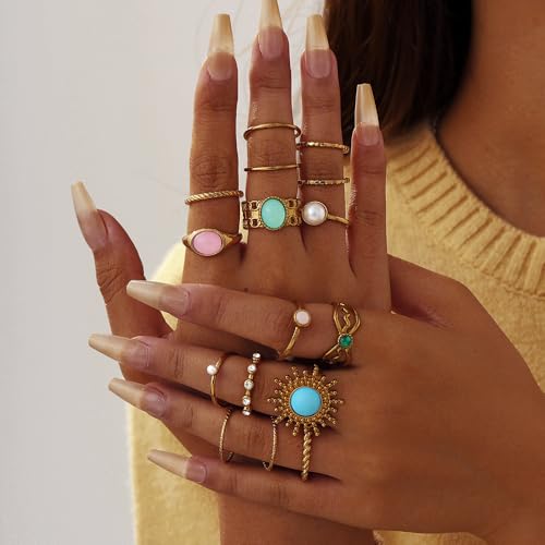 Chunky Gold Rings for Women Non Tarnish, Baroque Pearl Flower Tiger's Eye Stone Rings Adjustable Stacking Statement Rings Set Fashion Jewelry Gifts - style: Turquoise/Pearl/Green/Pink