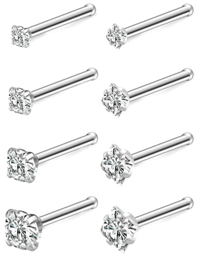 Hoeudjo Nose Studs Surgical Steel Cubic Zirconia Nose Rings Kit for Women Men Tiny Nose Stud Screw & Bone & L Shaped Nostril Piercing Jewelry 22-18 Gauge 8 Pieces 1.5mm 2mm 2.5mm 3mm - color: silvertone, size: 20g,bone nose studs,round+square CZ