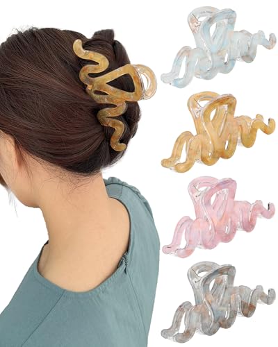 4Pcs Large Hair Claw Clips, Nonslip Cute Jelly Hair Clips for Thick Hair and Long Hair - color: Wave-Pink + Gray + Yellow + Cyan