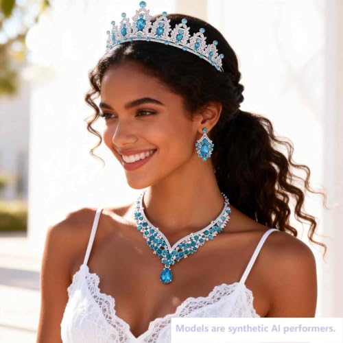 Kamirola Bridal Wedding Tiara Crown Jewelry Set for Women/Brides/Bridesmaids Crystal Jewelry Set for Wedding Prom Party Bridal Crystal Necklace Earrings Bracelet Set(TR60) - color: Silver Skylbue