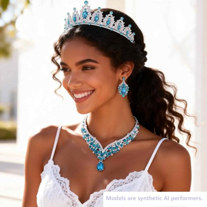 Kamirola Bridal Wedding Tiara Crown Jewelry Set for Women/Brides/Bridesmaids Crystal Jewelry Set for Wedding Prom Party Bridal Crystal Necklace Earrings Bracelet Set(TR60) - color: Silver Skylbue