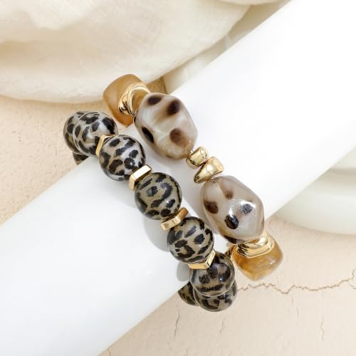 GOOJIDS Simple Beaded Gold Plated Bangles Bracelet Chunky Bamboo Tube Curved Stacking Clear Acrylic Colorful Beads Stretchable Gold Plated Bracelets Set For Women - color: T Gray Leopard Print Set