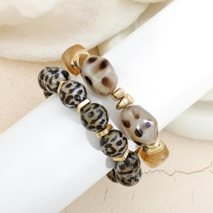 GOOJIDS Simple Beaded Gold Plated Bangles Bracelet Chunky Bamboo Tube Curved Stacking Clear Acrylic Colorful Beads Stretchable Gold Plated Bracelets Set For Women - color: T Gray Leopard Print Set