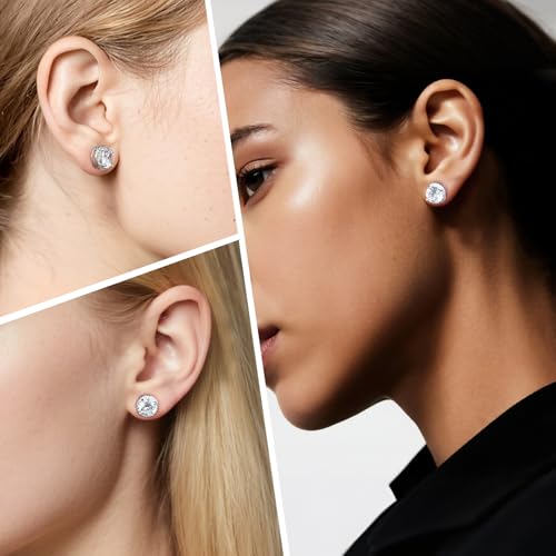 Round Cubic Zirconia Earrings Stud 8mm CZ Studs Earrings Hypoallergenic Princess Cut Earrings 925 Sterling Silver Post Studs Earrings for Women