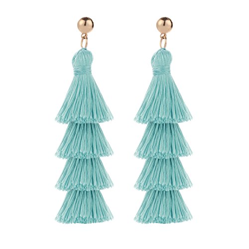 BaubleStar Bohemian Layered Tassel Drop Earrings for Women | Lightweight Statement Party Festival Jewelry - color: Turquoise