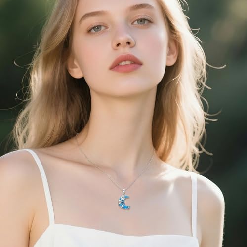 925 Sterling Silver Turquoise Moon Pendant Necklace for Women, Snake/Flower/Bow/Tree of Life/Star Moon Necklace, Dainty Jewelry for Daily Wear & Gifts - style: Style 4