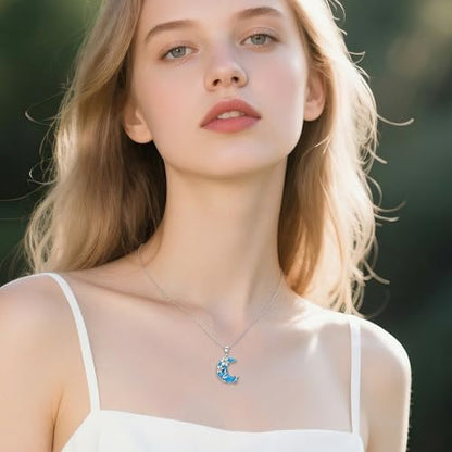 925 Sterling Silver Turquoise Moon Pendant Necklace for Women, Snake/Flower/Bow/Tree of Life/Star Moon Necklace, Dainty Jewelry for Daily Wear & Gifts - style: Style 4