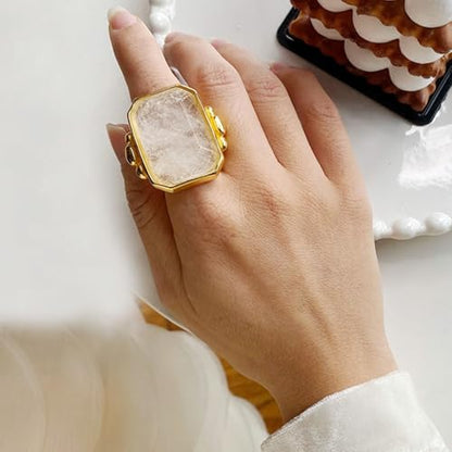 OIDIMS Natural Stone Cocktail Ring for Women Charms Gemstone Dainty Gold-Tone-Tone Band Wedding Engagement Statement Rings Comfort Fit Jewelry for Her Girlfriend Size 8