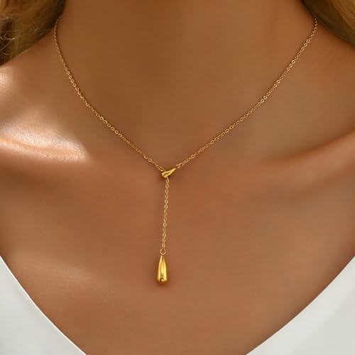 Dainty 18K Gold Plated Lariat Necklace for Women Delicate Y Chain Rose Pearl Diamond Long Drop Necklace Layering Bridal Jewelry Gift - color: Waterdrop-Gold