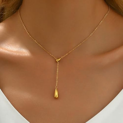 Dainty 18K Gold Plated Lariat Necklace for Women Delicate Y Chain Rose Pearl Diamond Long Drop Necklace Layering Bridal Jewelry Gift - color: Waterdrop-Gold