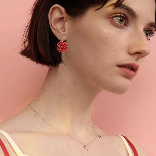 Handmade Bohemian Aesthetic Dainty Acrylic Flower Petal Leverback Earrings Sparkly 14K Gold Floral Dangle Drop Earrings for Women - color: Red