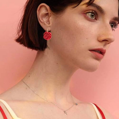 Handmade Bohemian Aesthetic Dainty Acrylic Flower Petal Leverback Earrings Sparkly 14K Gold Floral Dangle Drop Earrings for Women - color: Red