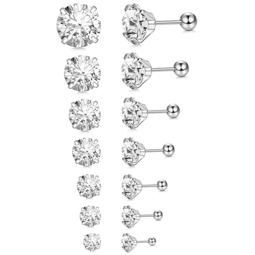 7 Pairs 20G Stainless Steel Stud Earrings Set Cubic Zirconia CZ Earrings Multi Size 2mm-8mm - color: Silver, size: Leisure