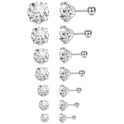 7 Pairs 20G Stainless Steel Stud Earrings Set Cubic Zirconia CZ Earrings Multi Size 2mm-8mm - color: Silver, size: Leisure