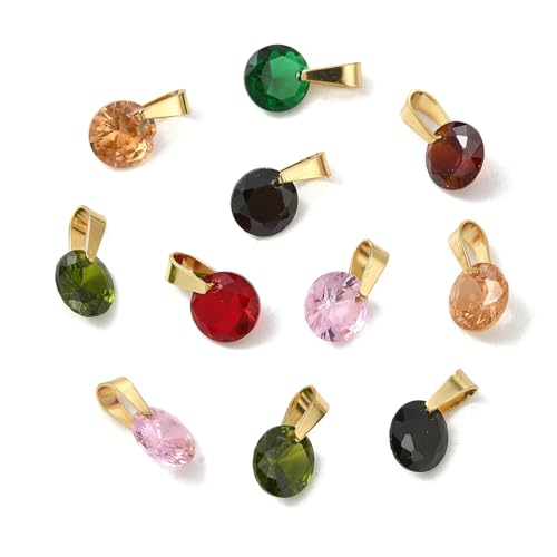 Cheriswelry 28 pcs Cubic Zirconia Charms 14mm Round Colorful Birthstone Pendants Crystal Stone Rhinestone Tiny Dangle Charms for Jewelry Making Necklace Earring Bracelet DIY Craft
